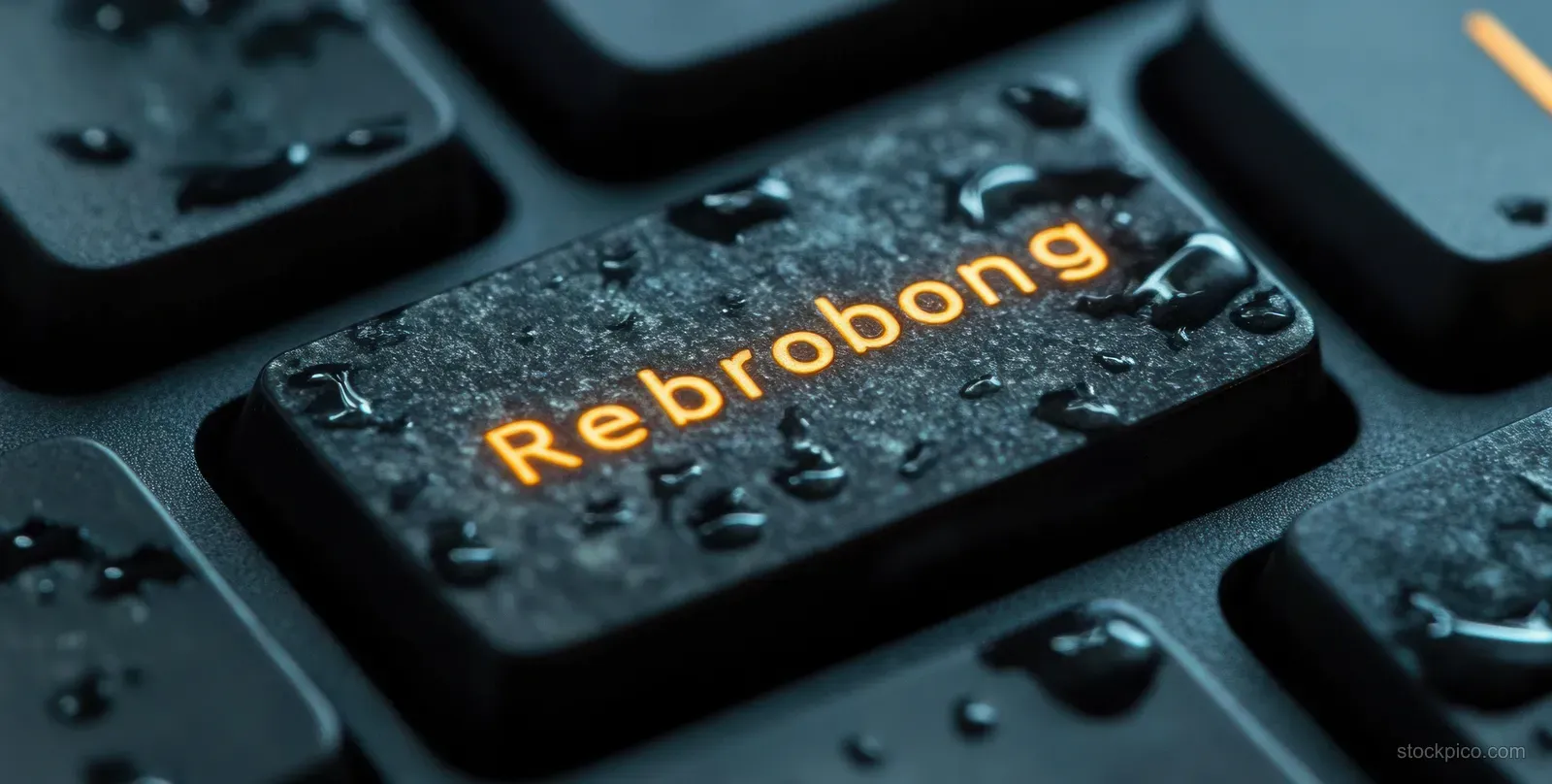 Wet black keyboard key with the “Rebrobong” word illuminated orange and covered in water droplets.