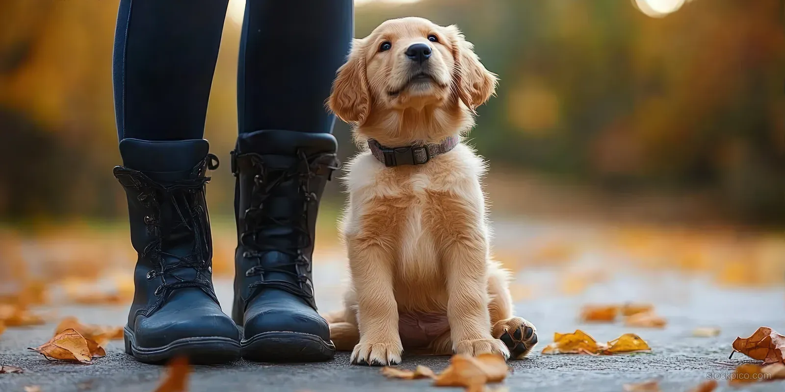 Small golden retriever puppy sits beside black boots on an autumn path covered with fallen leaves.