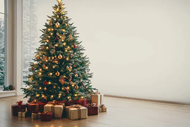 A lit minimalist Christmas tree with warm lights stands beside neatly wrapped gifts, including a gold box on the floor.