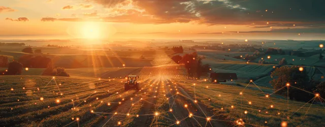 A high-tech tractor drives across a sunrise field with glowing digital data lines overlaying crops and irrigation patterns.