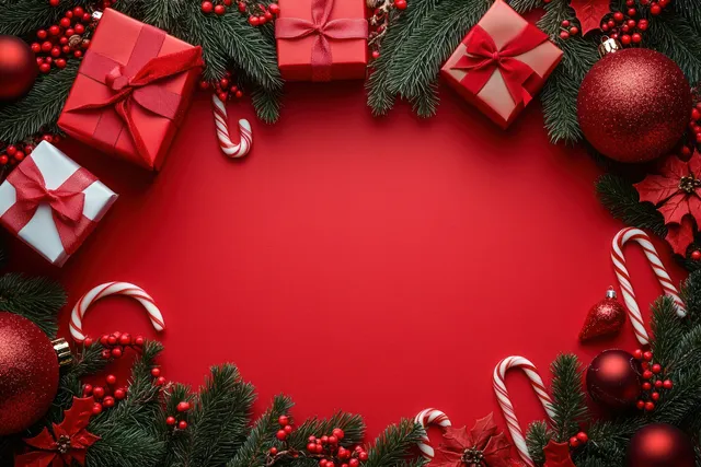 Red and white Christmas gifts and candy canes surround a circular pine branch frame on a red background.