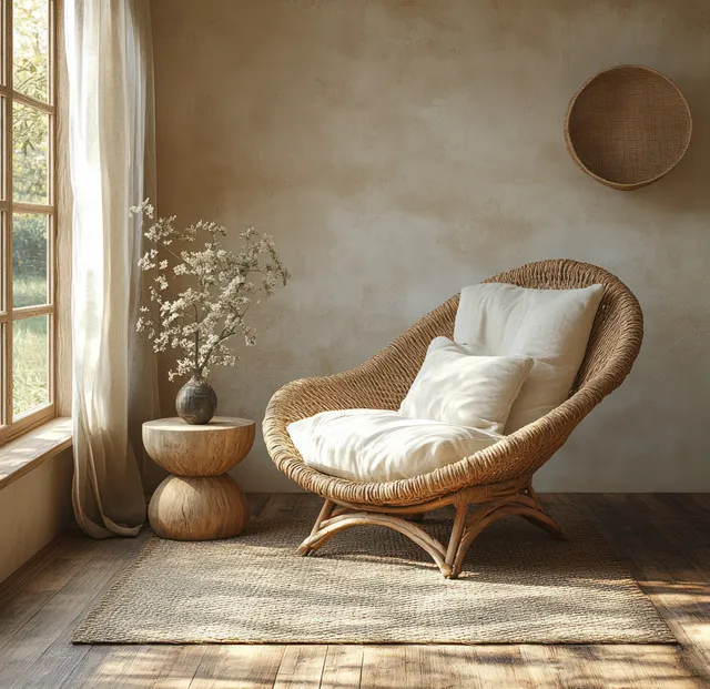Bohemian rattan chair in a sunlit minimalist room with neutral cushions, a side table, and layered textiles.