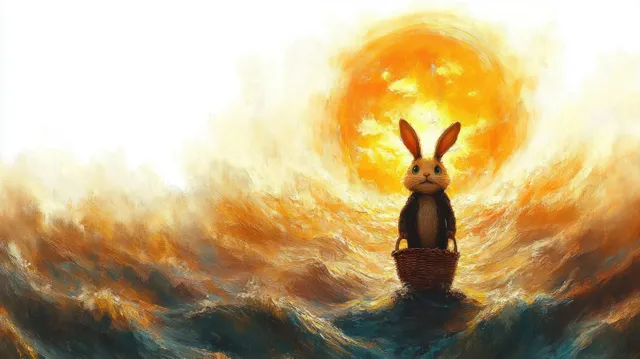 A rabbit stands on a small basket floating on churning water under a glowing sun.