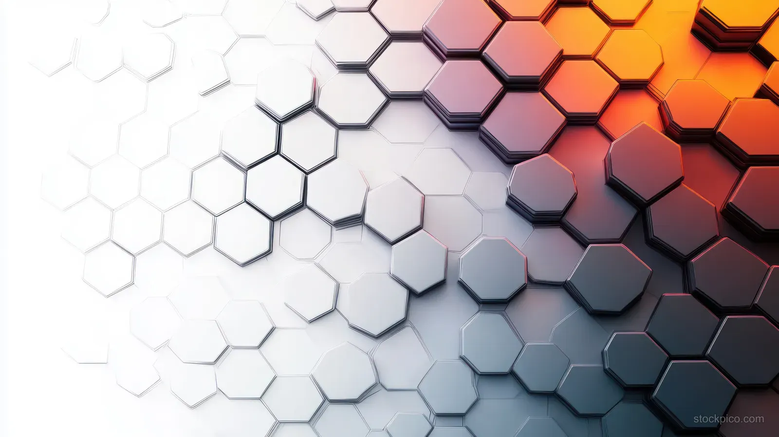 3D interconnected hexagonal tiles fade from white to dark tones with a warm orange glow on one side.