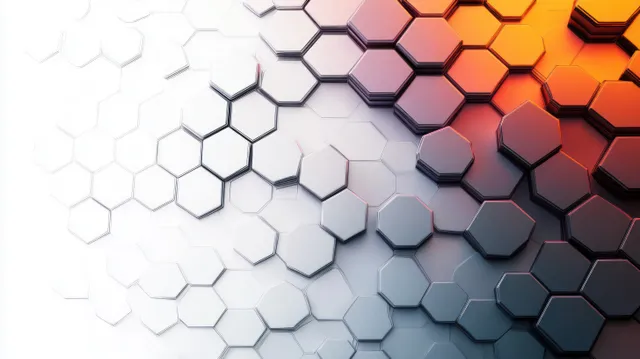 Losetas hexagonales 3D interconectadas se difuminan de tonos blancos a oscuros con un brillo naranja cálido en un lado.