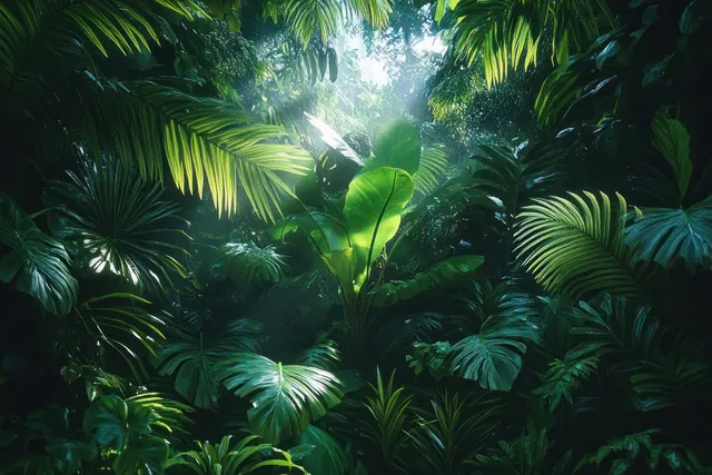 Lush tropical jungle canopy filled with layered palm leaves and vibrant green foliage under a soft sunlit haze.