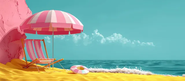 Pink beach umbrella and striped chair sit on yellow sand with the turquoise ocean in the background.