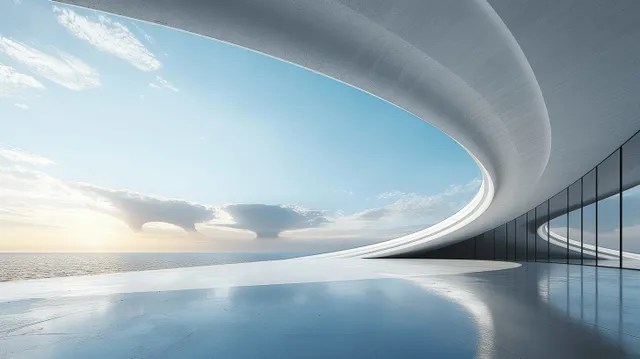 Curved concrete building with panoramic windows reflected in calm water under a blue sky.