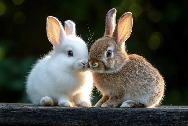 Two baby rabbits nuzzle together on a wooden surface with a softly blurred dark green background.