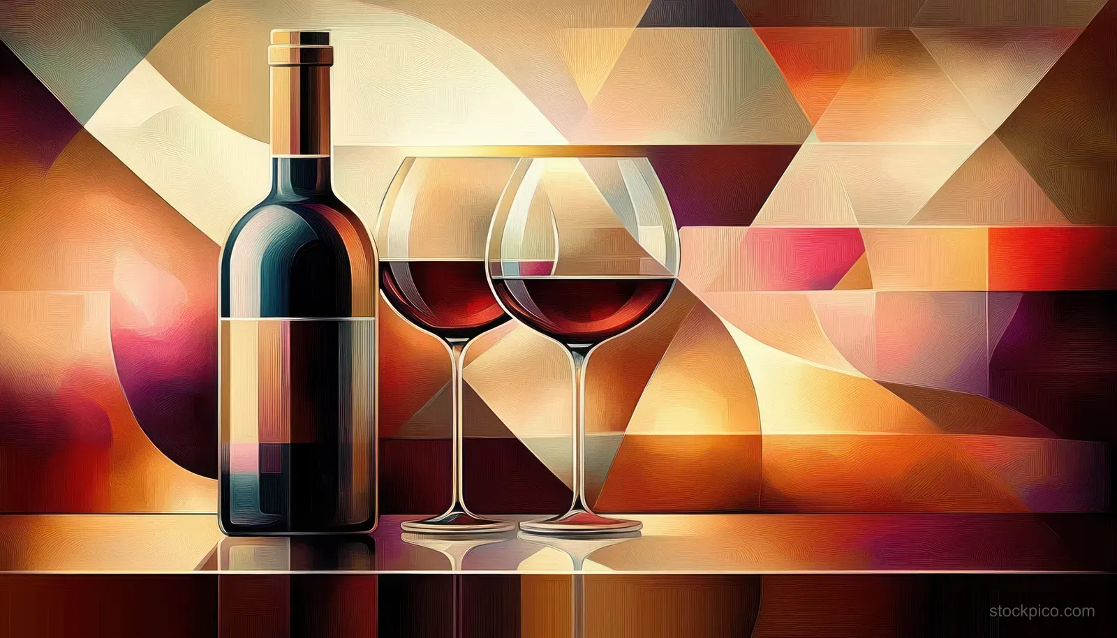 A red wine bottle and two filled glasses appear against a warm geometric abstract background.