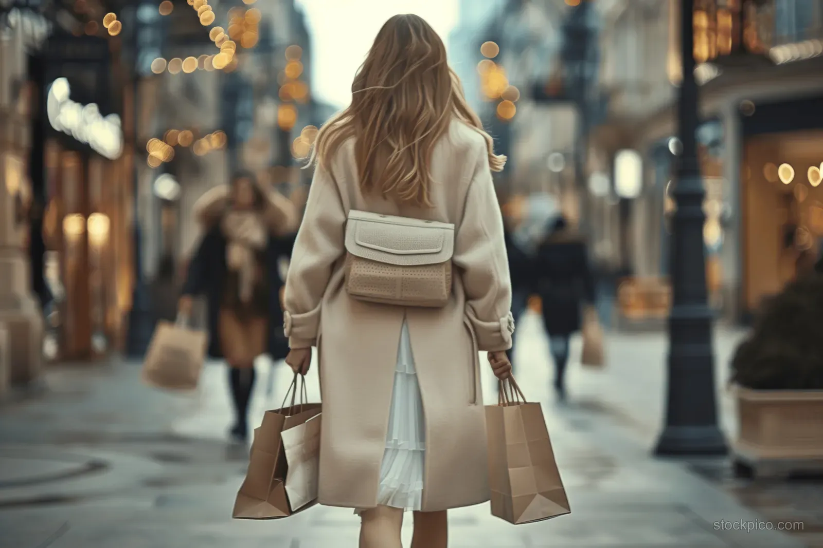 A woman in a light outfit walks down a Paris street holding shopping bags and a crossbody purse.