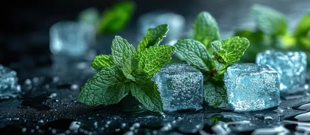 Mint leaves resting beside clear ice cubes on a glossy dark surface, macro