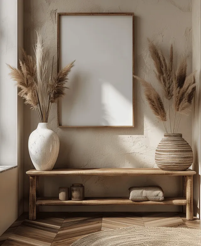 An empty vertical picture frame sits on a boho wooden shelf with pampas grass in beige interior light.