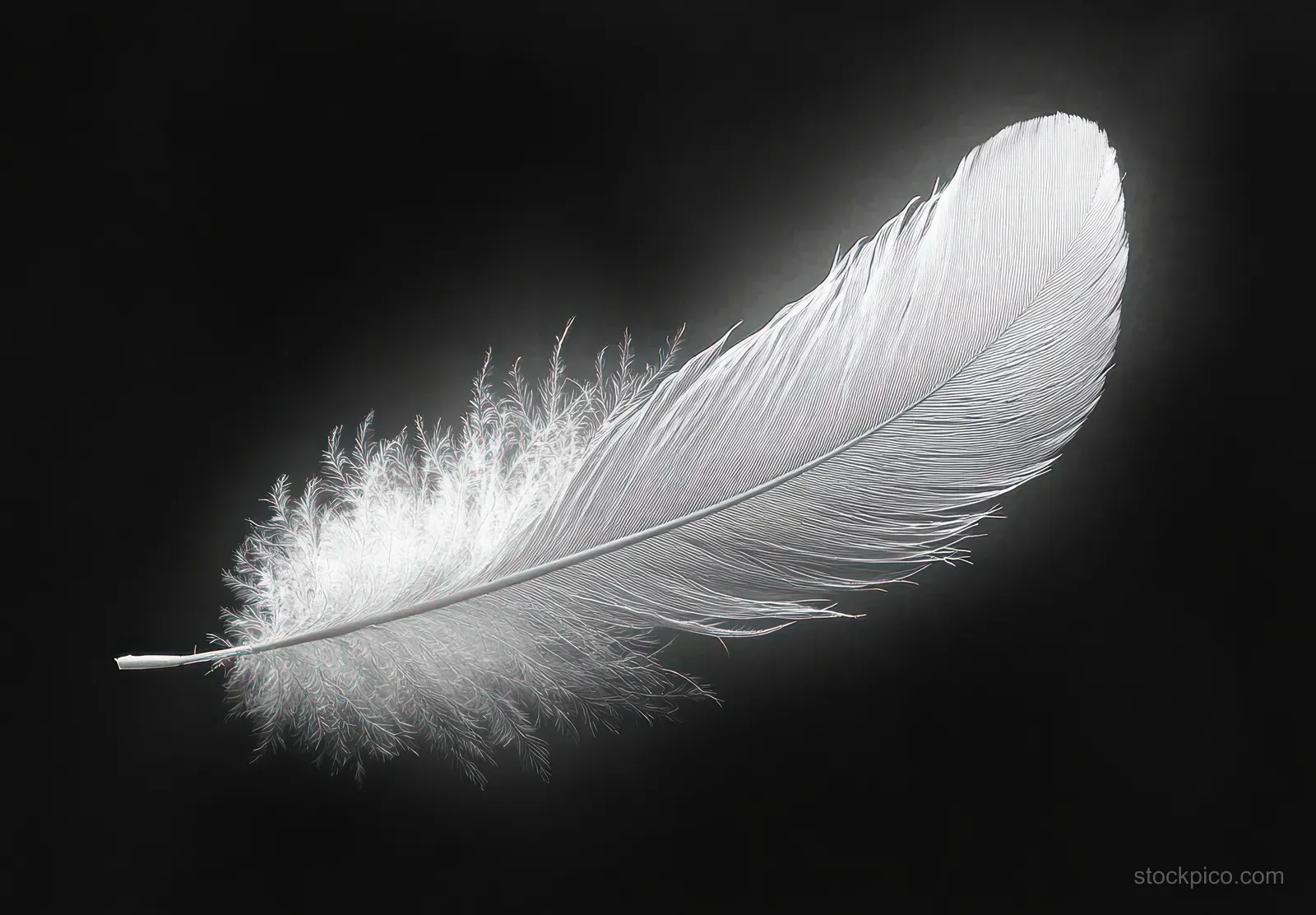 A single white feather floats on a black background with soft light.