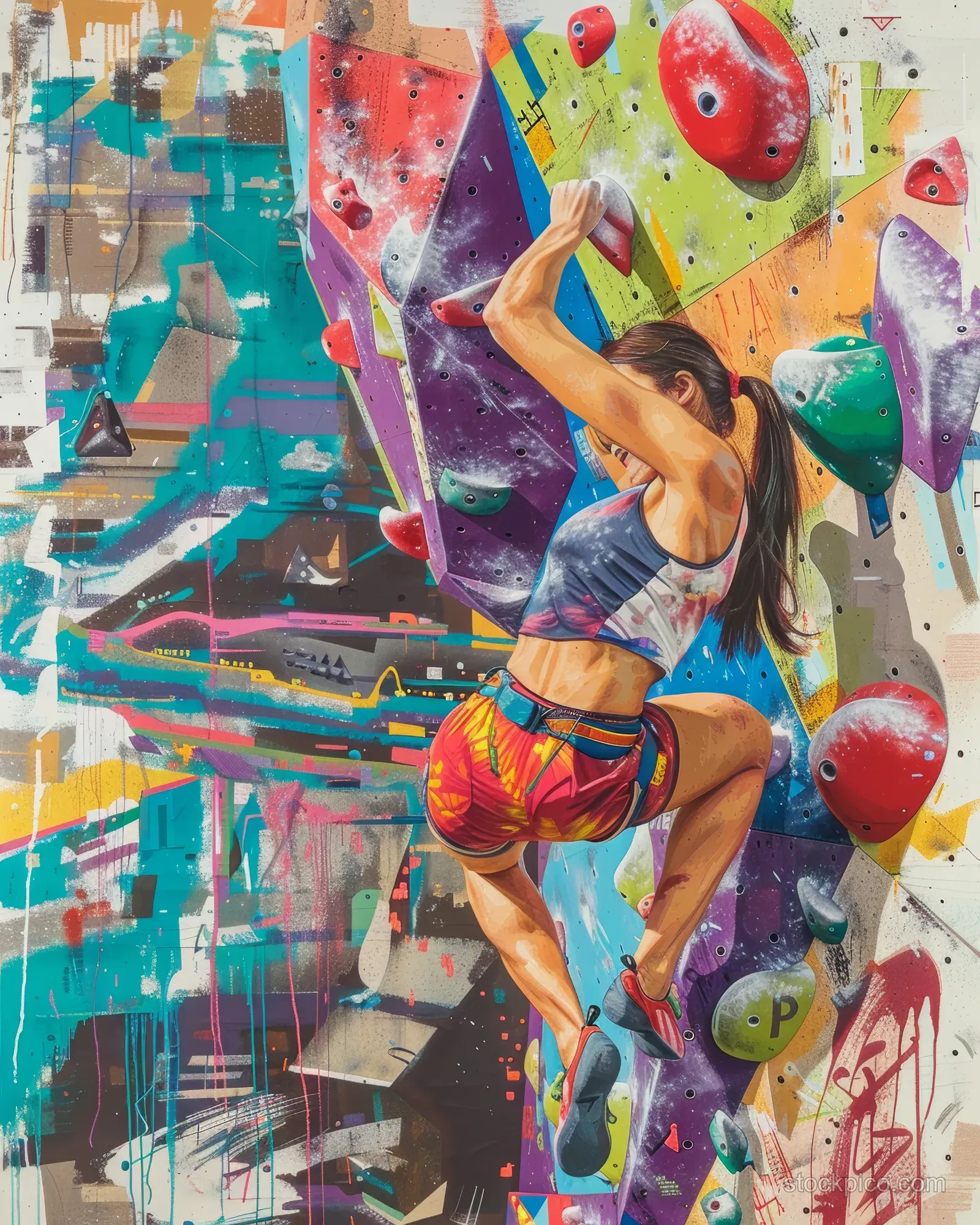 South Korean woman bouldering on a graffiti-covered indoor climbing wall with bright colored holds.