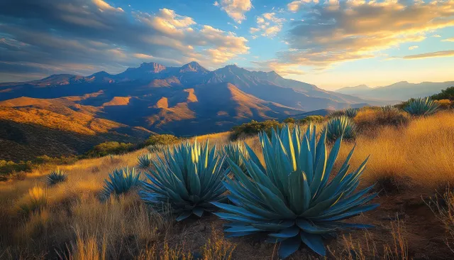 Blue agave plants catch golden sunset light across dry grassland with distant mountains under a partly cloudy sky.