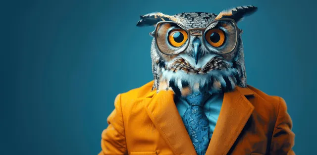 An owl wearing blue goggles and an orange business suit and tie against a solid blue background.