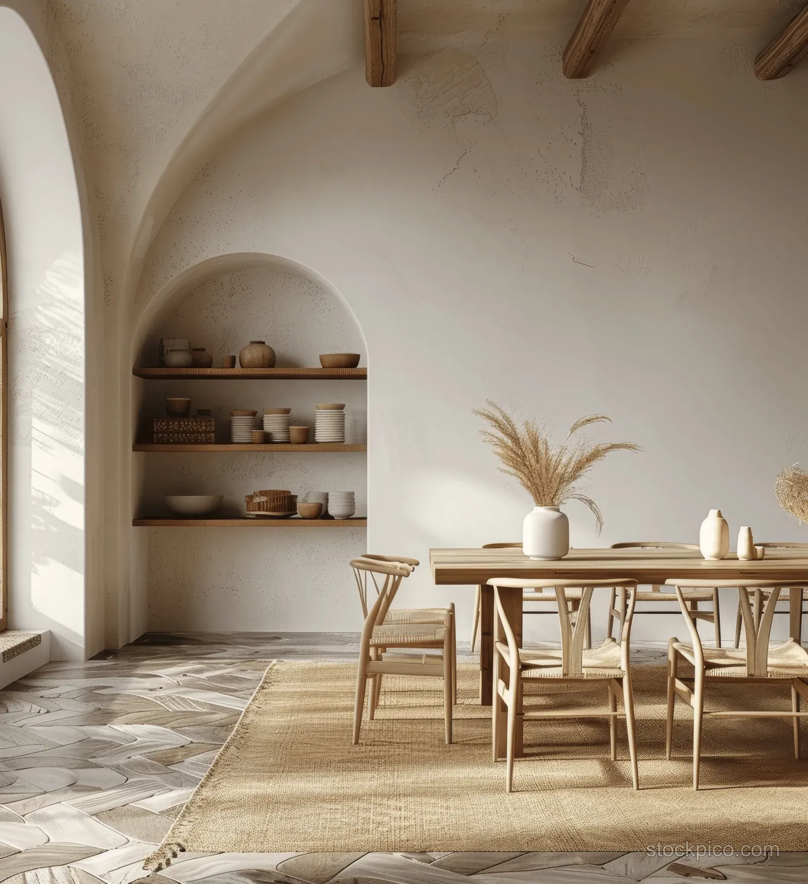 Minimalist dining room showing wooden table and chairs beside arched shelves with neutral decor and warm natural light.