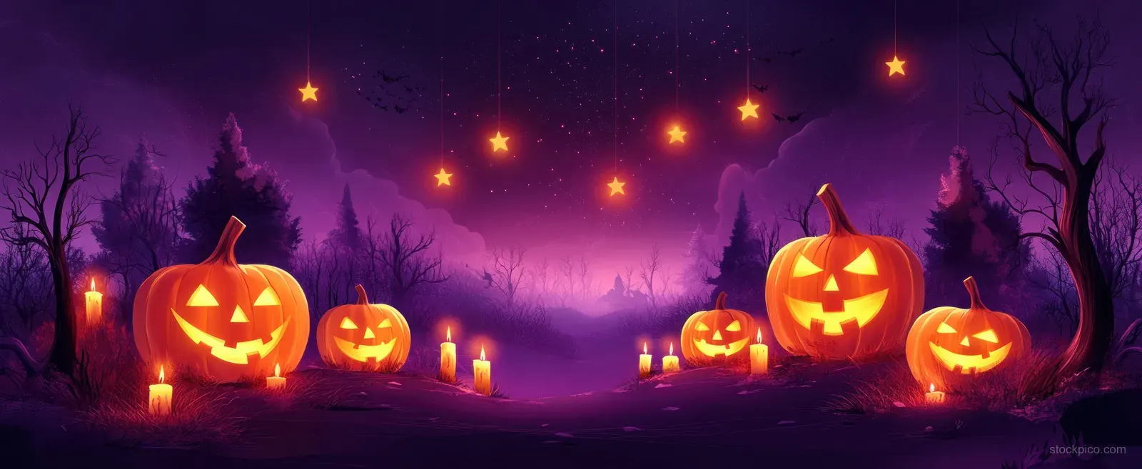 Carved jack-o-lantern pumpkins and glowing candles appear along a purple misty fantasy landscape at night.