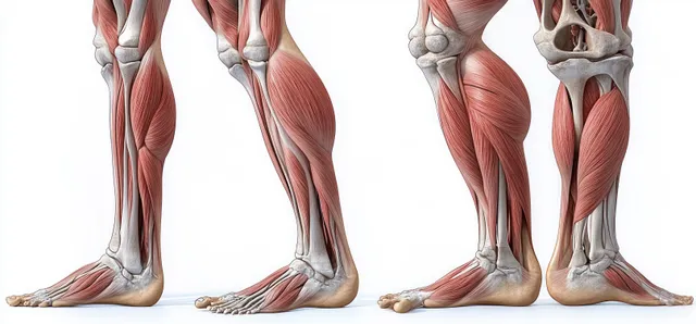 Front and back cutaway views of human legs with visible thigh and calf muscles and leg bones on a white background.