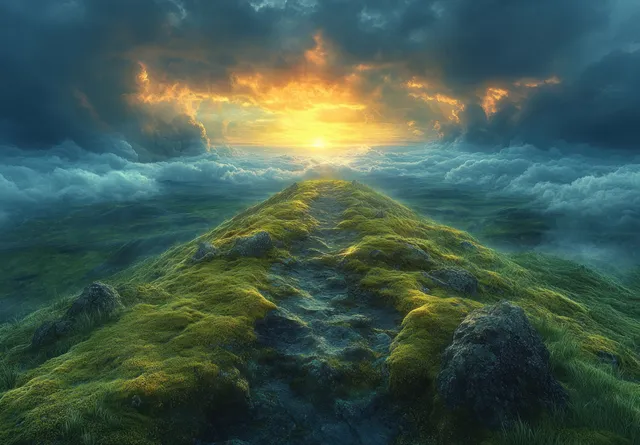 Mossy alien hillscape dissolves into a twilight sky with glowing horizon
