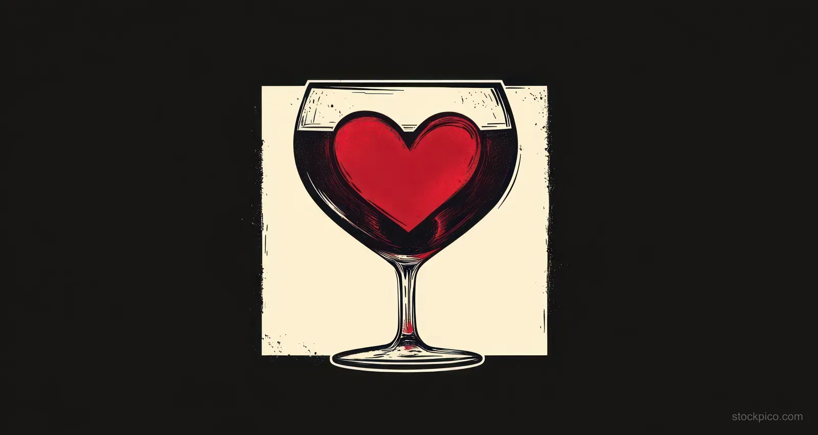 Minimalist wine glass holds a red heart on a textured banner background for a Porto travel design.