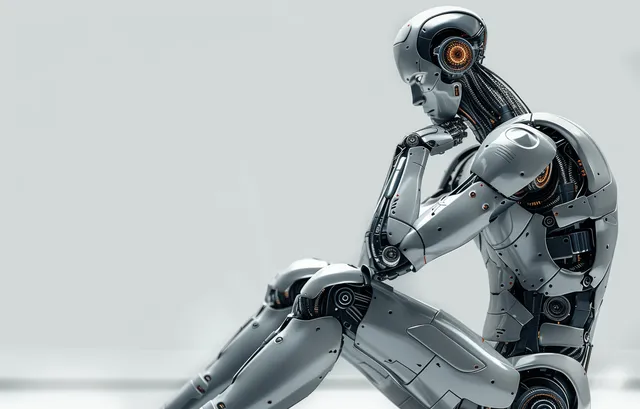 Humanoid robot with a tilted head stands in a minimal studio, suggesting contemplation of future AI evolution.