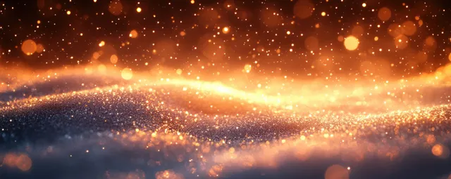 Golden bokeh lights and falling snow shimmer over a dark winter background with a glowing horizon.