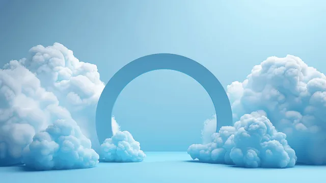 Surreal fluffy cloudscape with a glowing blue arch hovering above soft clouds