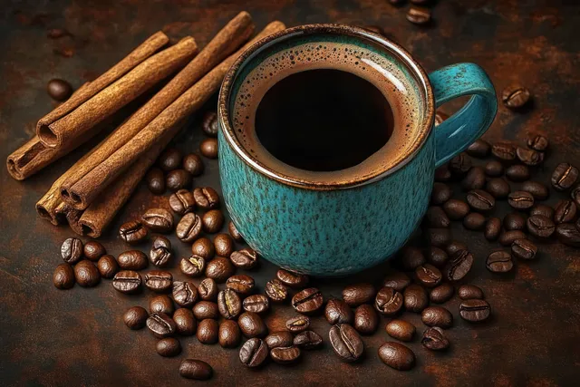 Turquoise ceramic mug of black coffee with roasted beans and cinnamon sticks on a textured brown background.