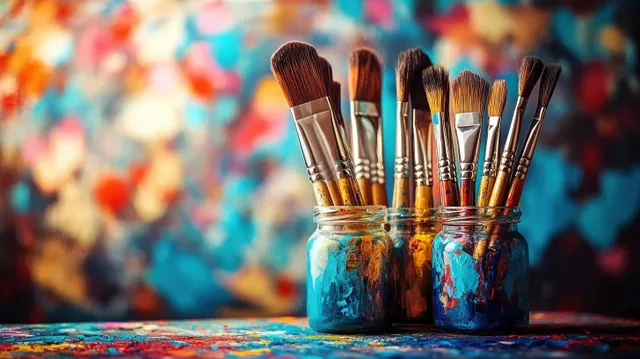 Paintbrushes in colorful paint jars stand in front of a vibrant blurred abstract painting background.
