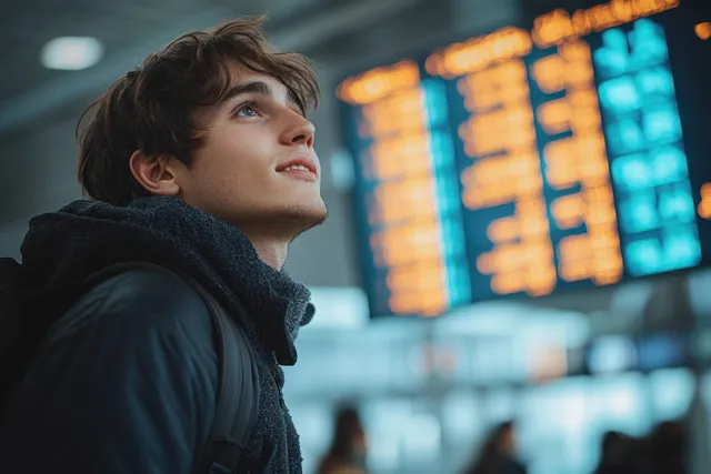 Young man with backpack glancing at illuminated flight information board in airport terminal