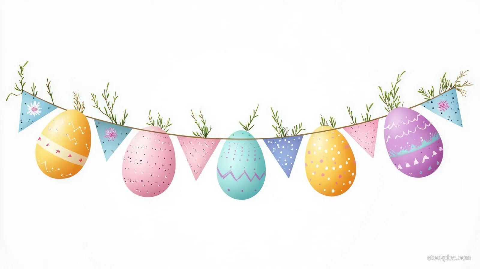 Colorful Easter eggs and pastel triangular flags strung with small green sprigs on a white background.