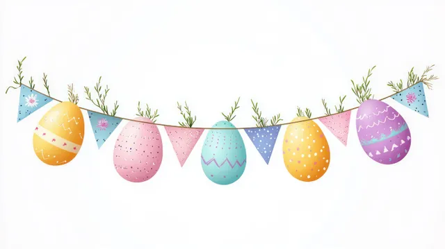 Easter egg garland and pastel triangular bunting with green sprigs on clean white backdrop