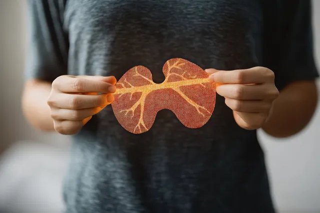 A man holds a paper liver icon with orange hepatitis markings in front of his chest.