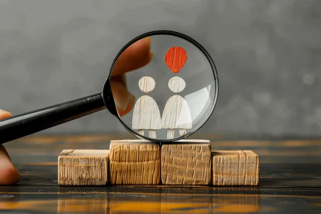 Magnifying glass over stacked wood blocks with person icons on dark gray business steps