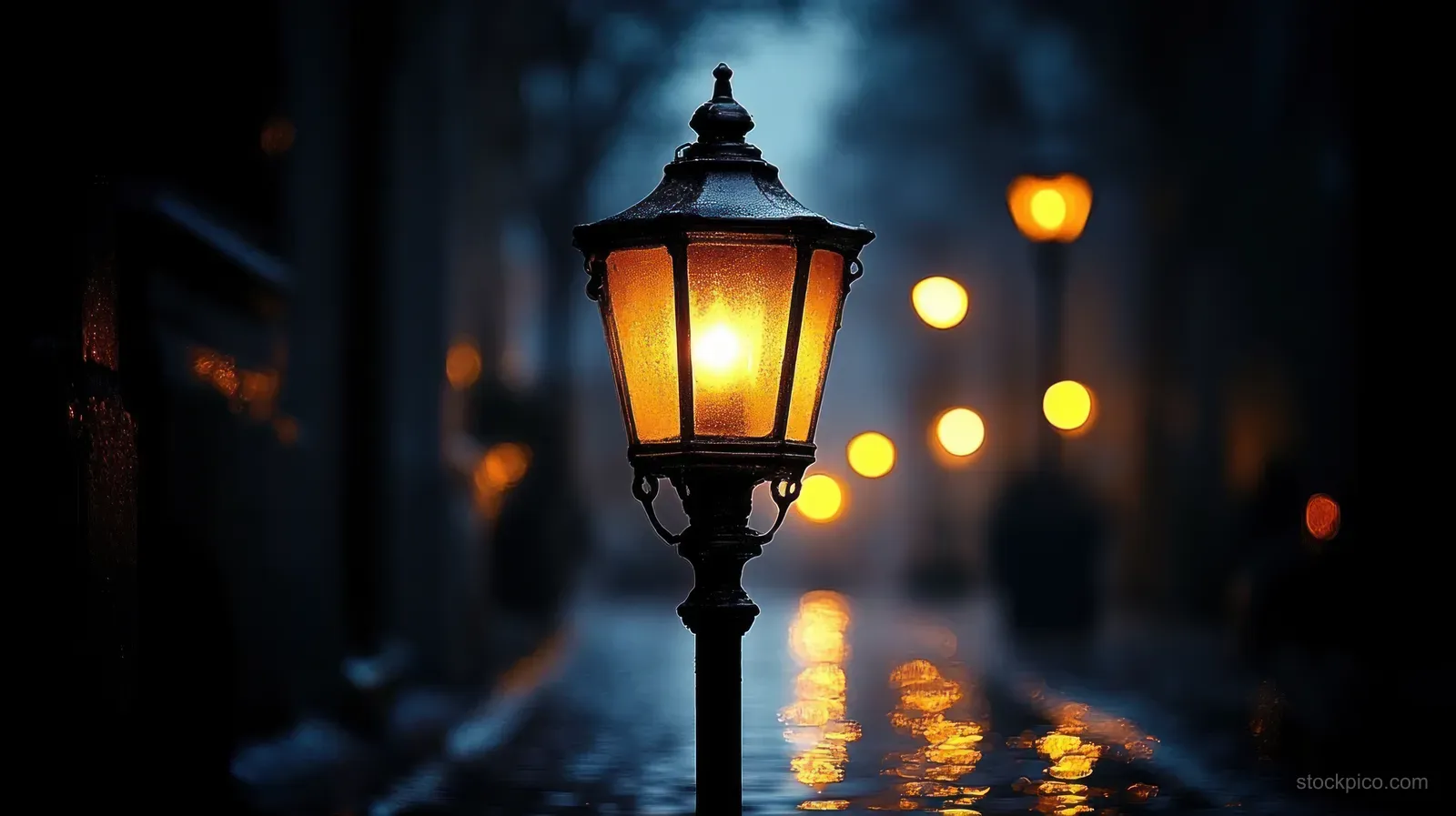 Warmly glowing antique street lamp stands on a rainy pavement with soft bokeh lights in the dark background.