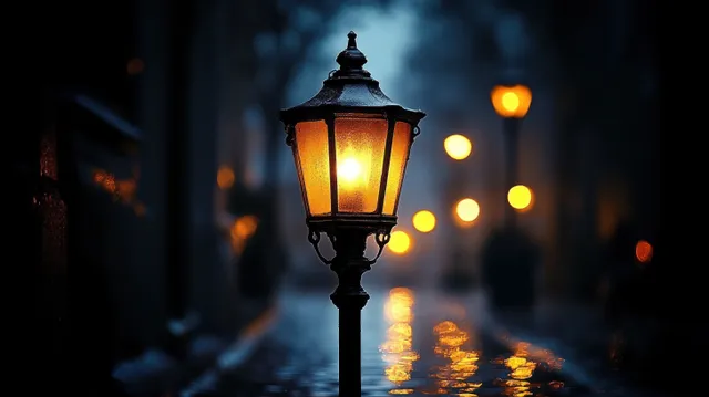 Warmly glowing antique street lamp stands on a rainy pavement with soft bokeh lights in the dark background.