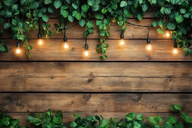 Warm string lights glow above rustic wooden planks with hanging green leaves around the edges.