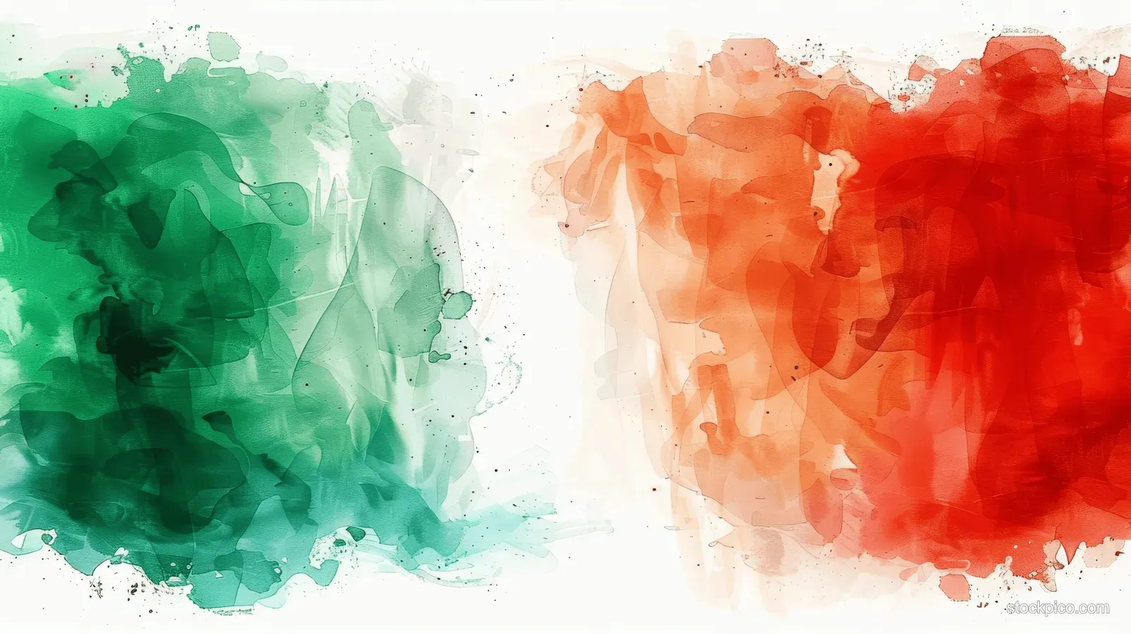 Green and red watercolor brushstroke splashes with white space form a banner-style Italy flag color wash.
