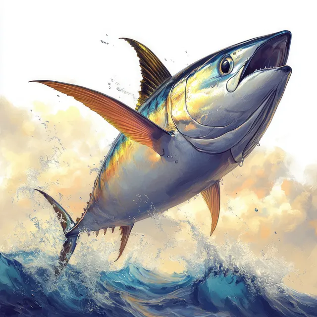 Bluefin tuna leaps out of the ocean, splashing water with iridescent scales under sunlight.