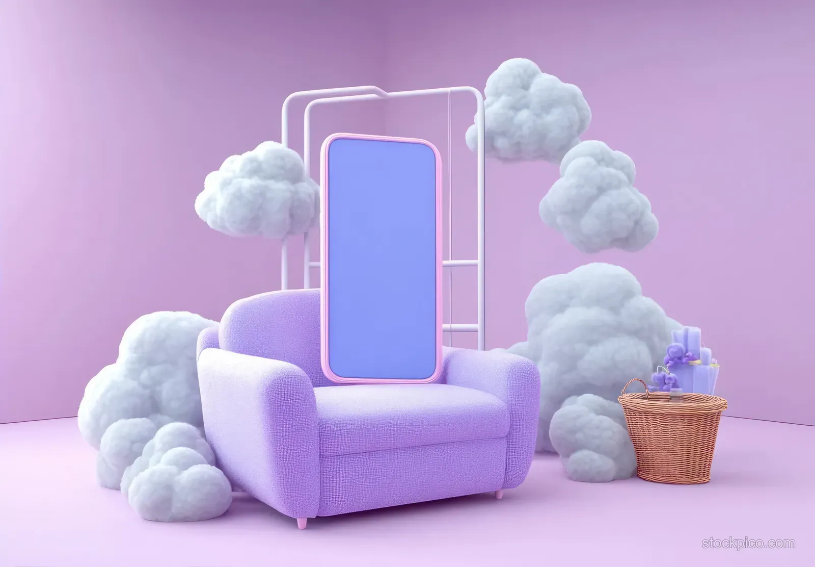 Purple armchair with an oversized smartphone-shaped backrest sits among fluffy clouds beside a basket of candles on a pink background.