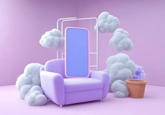 Purple armchair with an oversized smartphone-shaped backrest sits among fluffy clouds beside a basket of candles on a pink background.