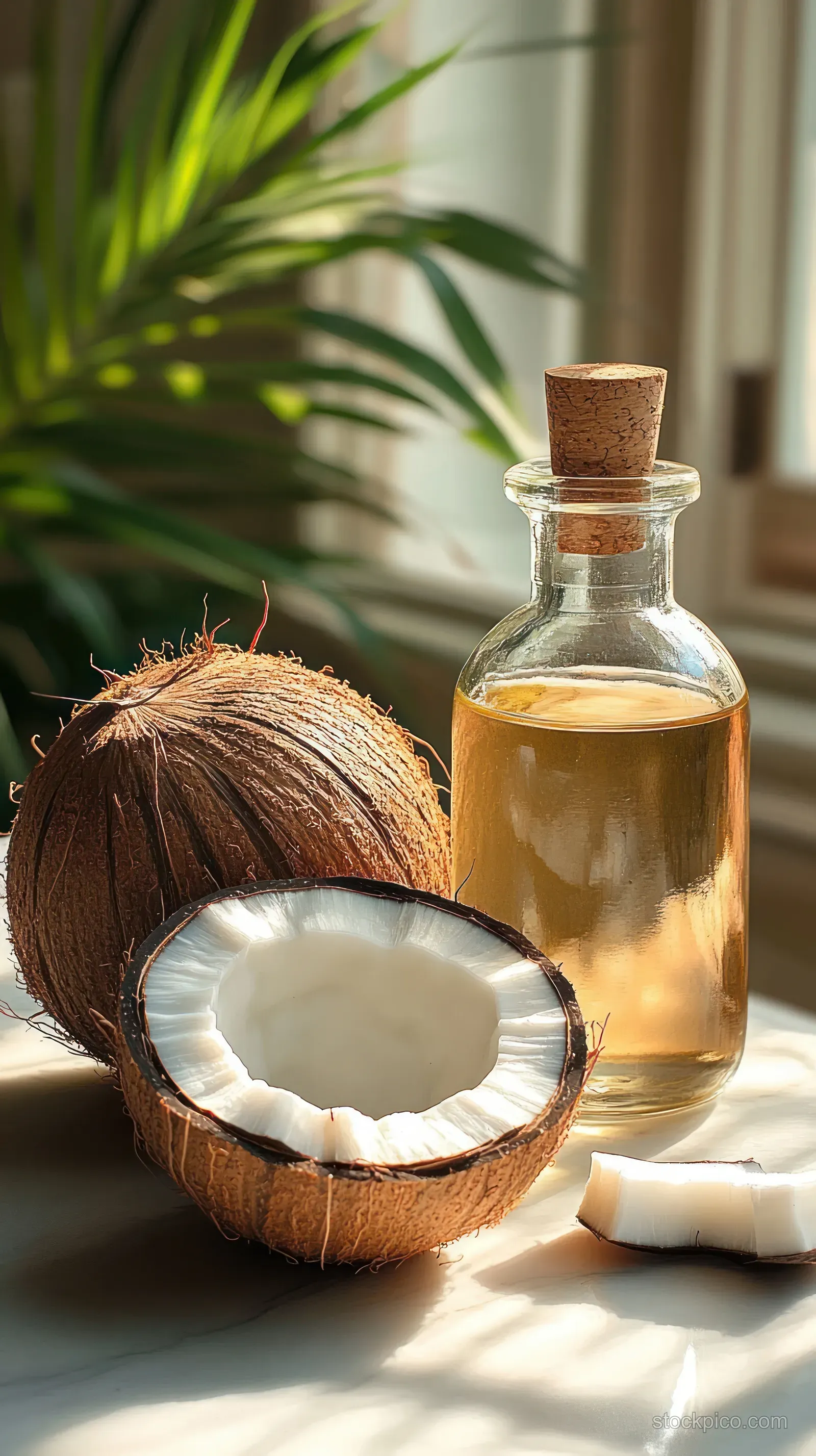 Halved coconut with white flesh beside a corked glass bottle containing golden liquid under sunlight.