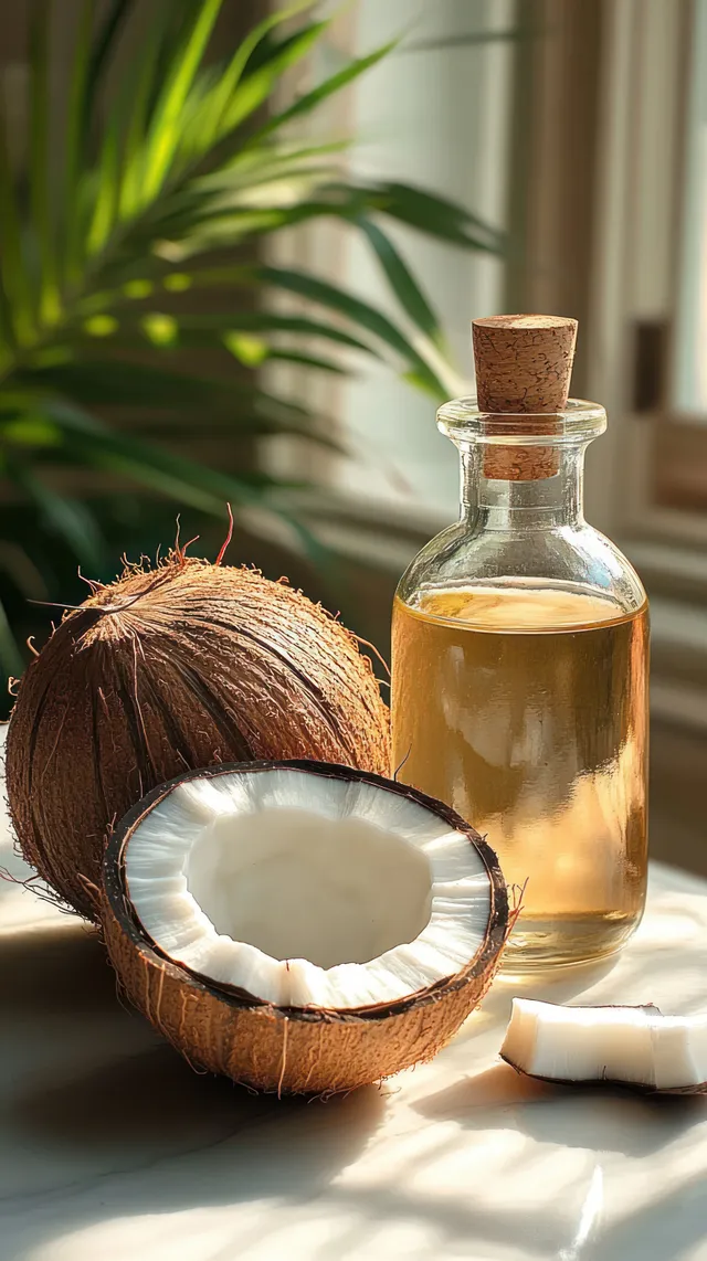 Halved coconut with white flesh beside a corked glass bottle containing golden liquid under sunlight.