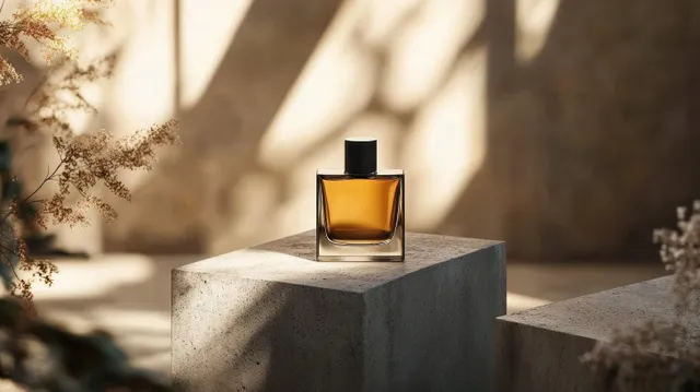 Perfume bottle on concrete pedestal with soft sunlight and minimalist golden glass