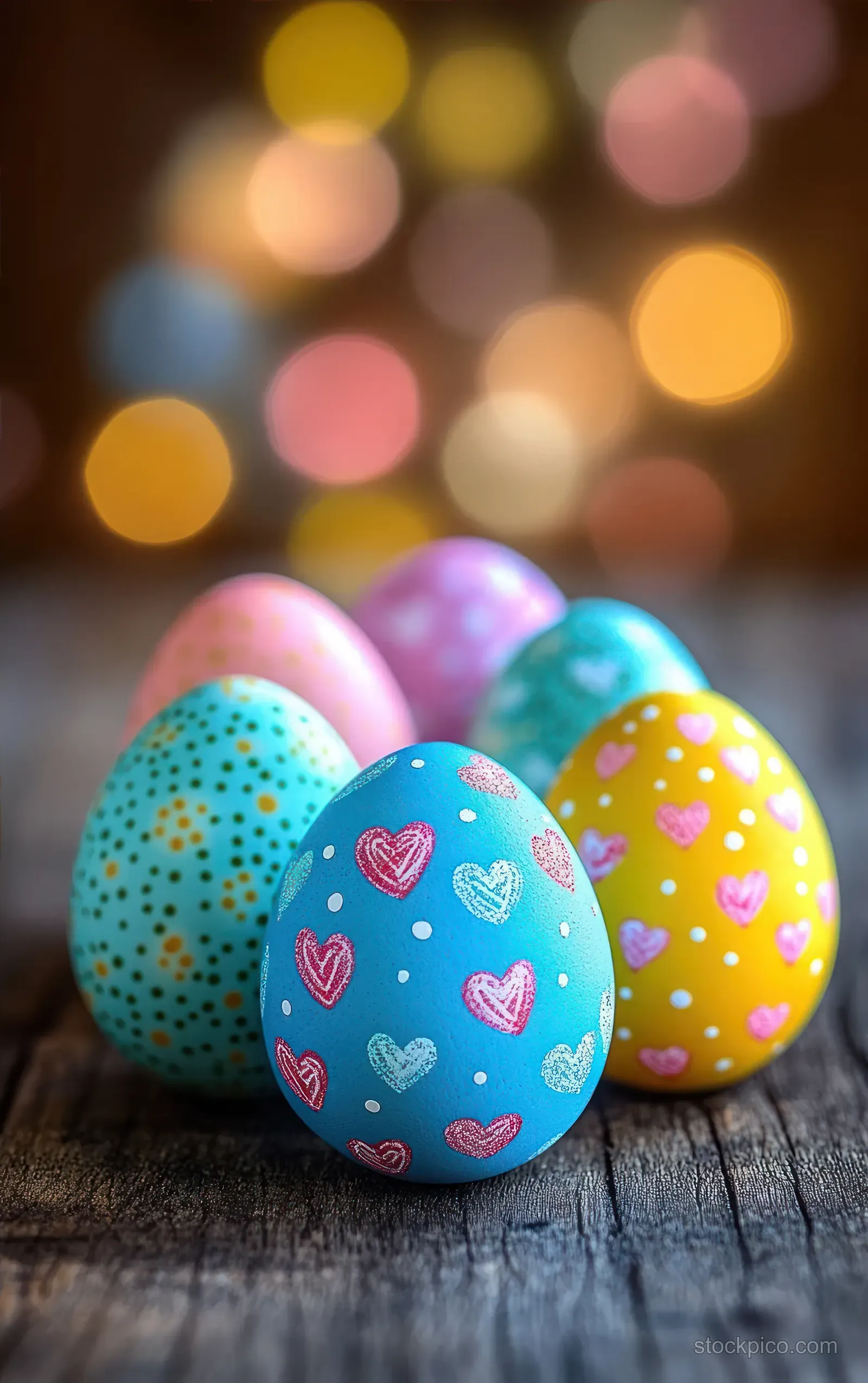 Pastel Easter eggs painted with hearts and dots sit on rustic wood while warm bokeh lights blur behind them.