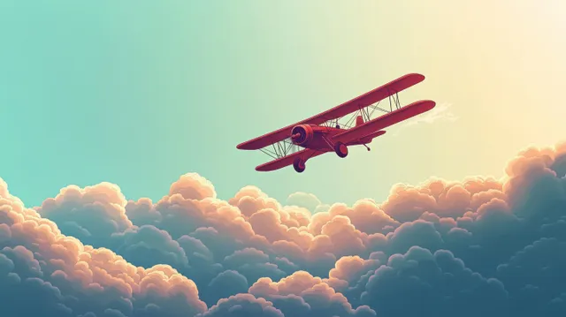 A red vintage biplane flies above fluffy clouds under a warm orange sunset sky.