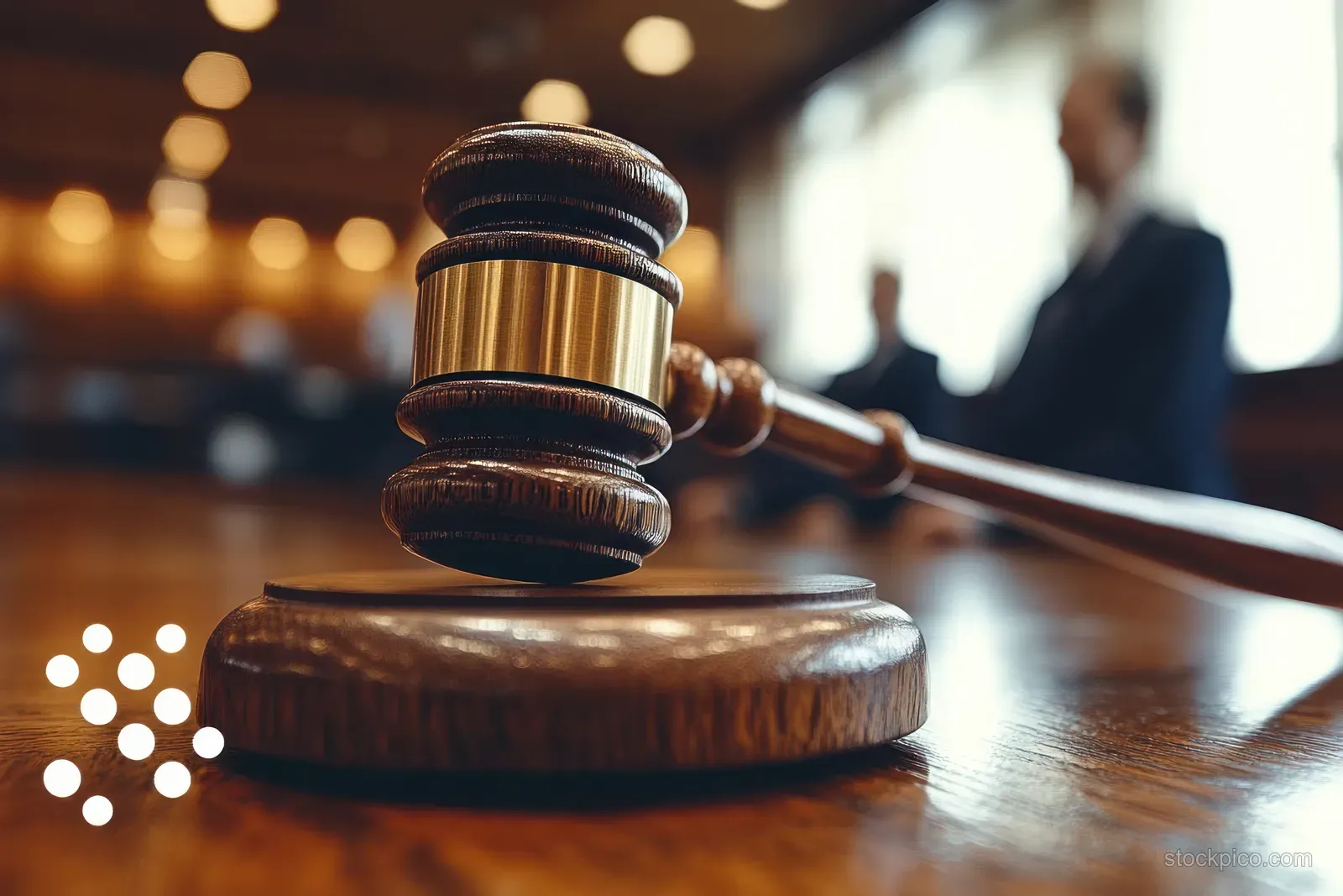 Wooden gavel close-up on a courtroom bench with blurred adult and child discussing custody.