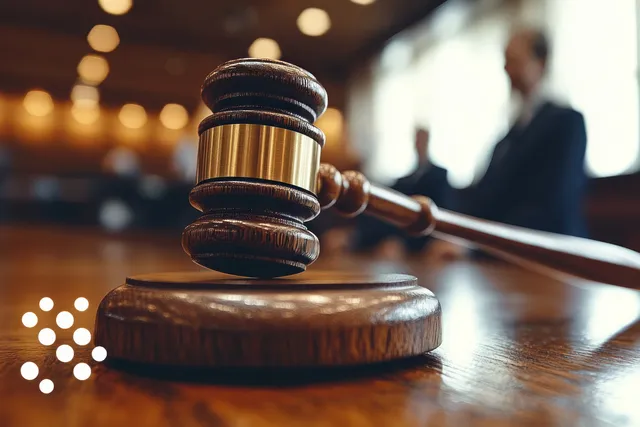 Wooden gavel close-up on a courtroom bench with blurred adult and child discussing custody.